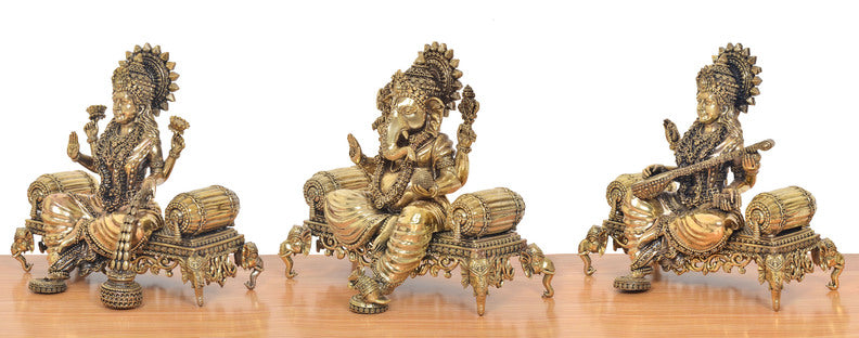 Bronze Lakshmi Ganesha Saraswati Idol (Height:8 Inches)