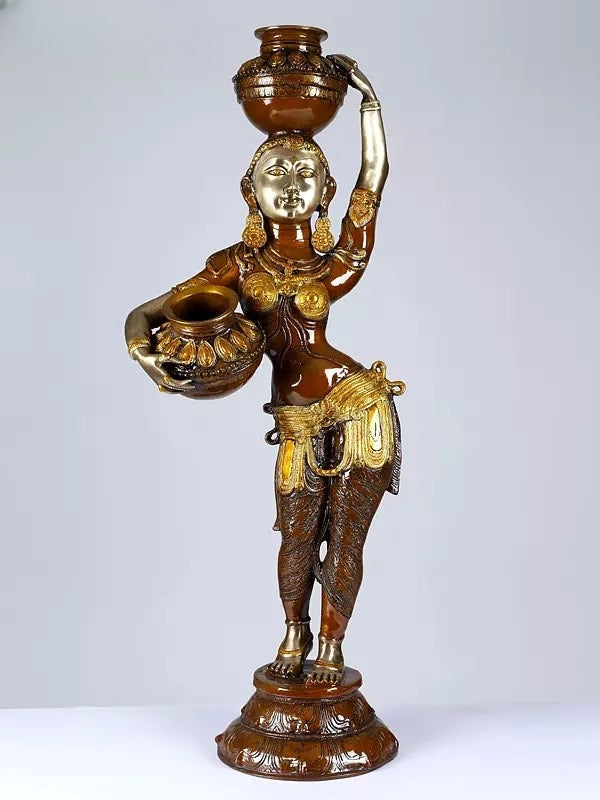 Brass Large Size Lady Carrying Milk Pots Statue (Height: 44 Inches)