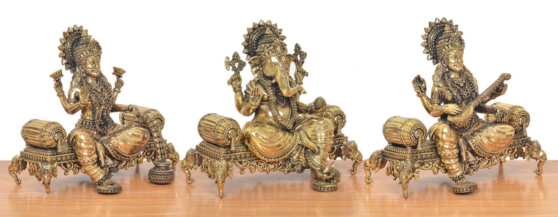 Bronze Lakshmi Ganesha Saraswati Idol (Height:8 Inches)