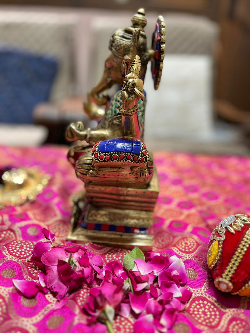 Brass Lord Ganesha Murti with beautiful stone work (Height: 9.5 Inches)
