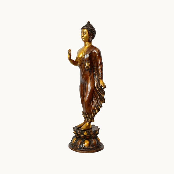 Brass Standing Buddha Idol – Blessing Pose | Elegant Buddhist Statue for Home, Office & Spiritual Décor (Height: 22 Inches) Study Setting