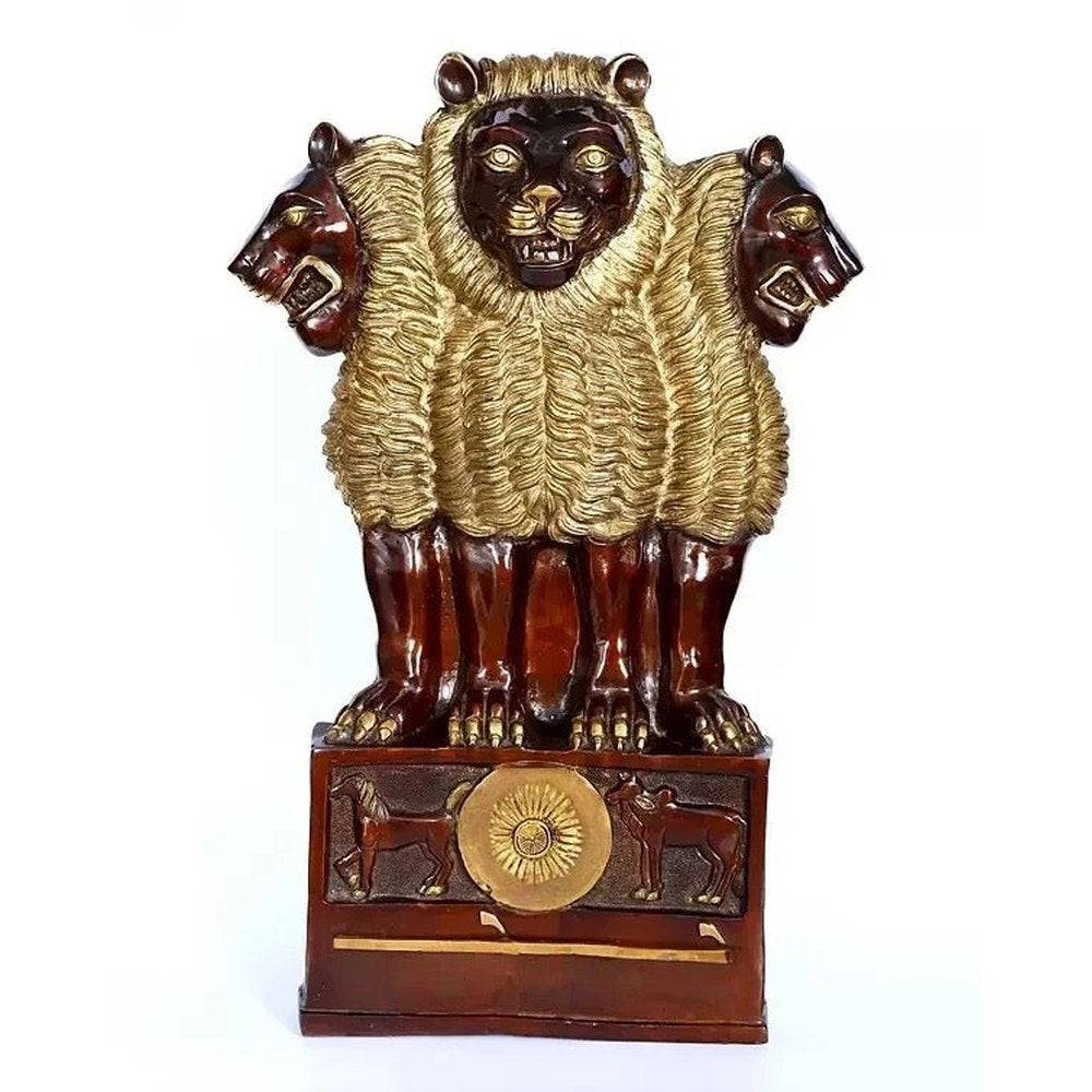 Large Brass National Emblem of India | Suitable for Standing Display and Wall Mounting red and gold 34 inches