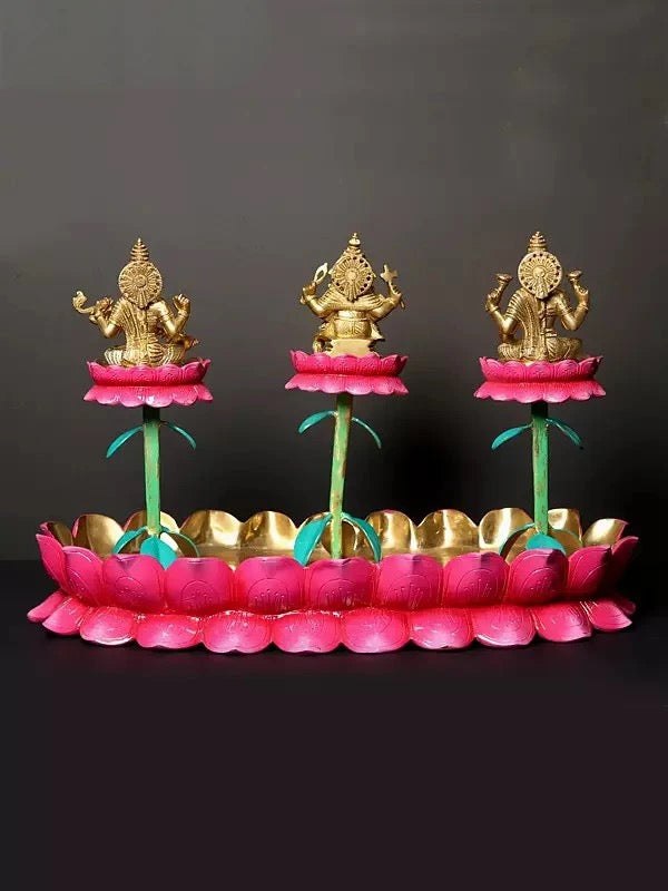 Brass Sculpture of Lakshmi, Ganesha, and Saraswati Seated on Lotus (Height: 20 Inch) Study Setting