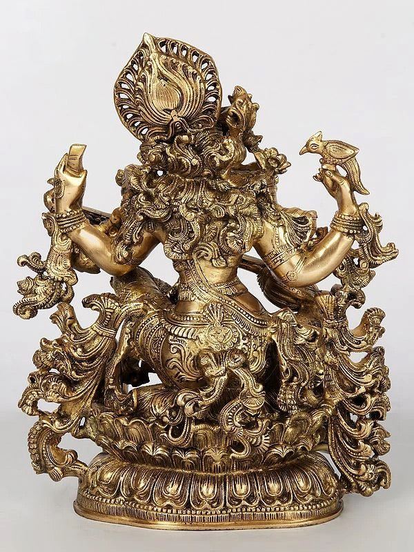Four-Armed Saraswati Playing Veena in Brass | Handmade | Height 43 cm Study Setting