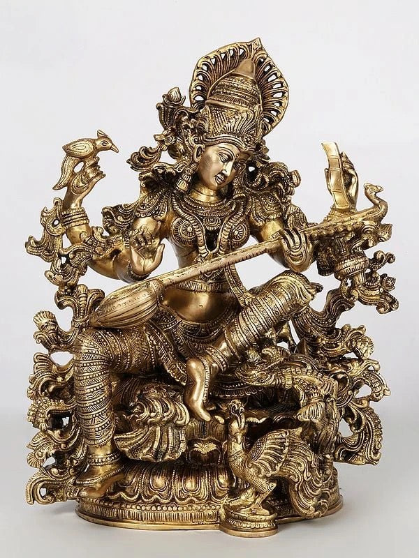 Four-Armed Saraswati Playing Veena in Brass | Handmade | Height 43 cm Mandir Setting