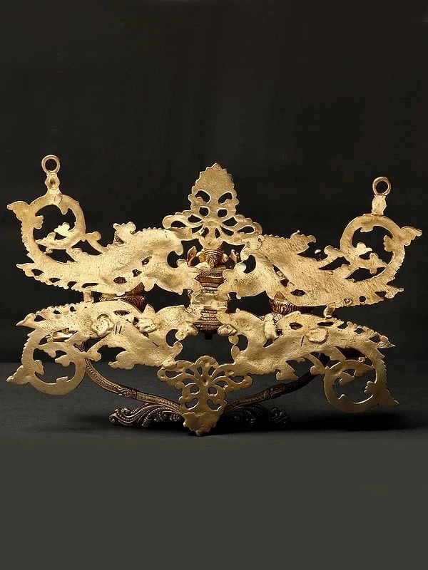 Brass Lakshmi, Ganesha, and Saraswati Wall Hanging with Dipam (Height: 14 Inch)