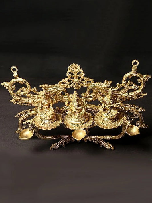Brass Lakshmi, Ganesha, and Saraswati Wall Hanging with Dipam (Height: 14 Inch)