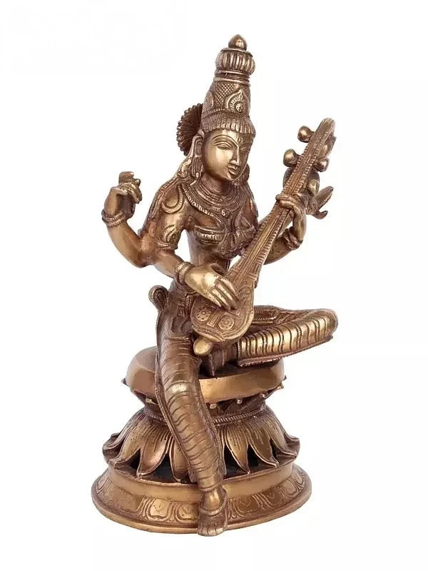 Handmade Brass Goddess Saraswati Statue Playing the Veena 12 Inches Craft Detail