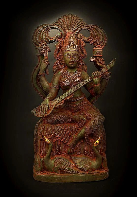 Handmade Brass Veenadhari Devi Saraswati with Two Swans at Her Feet, 7 inches. Mandir Setting
