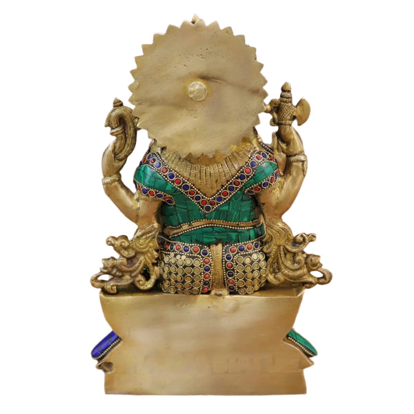 Brass God Ganapathy Seated on a Blooming Lotus Pedestal (Height: 12 Inches) Study Setting