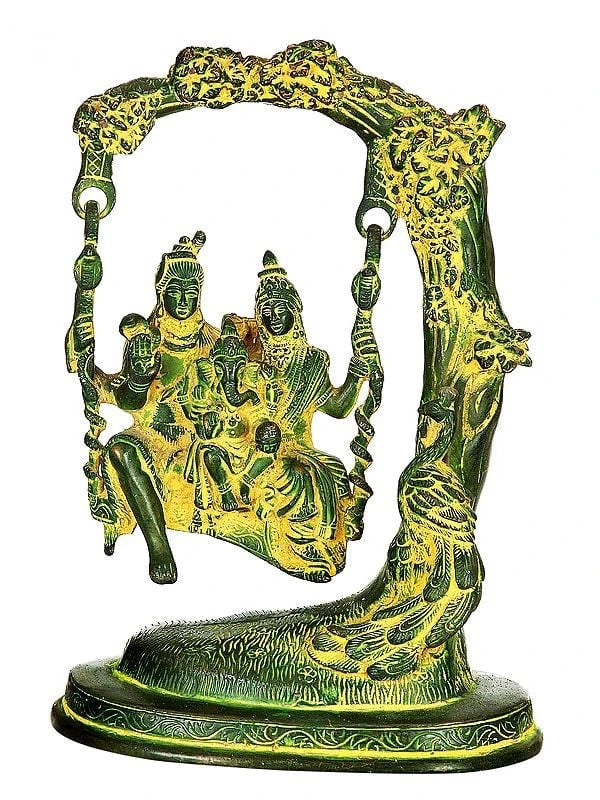 Brass Lord Shiva Swinging with Parvati and Ganesha Antique Collectible (Height: 10 inches)