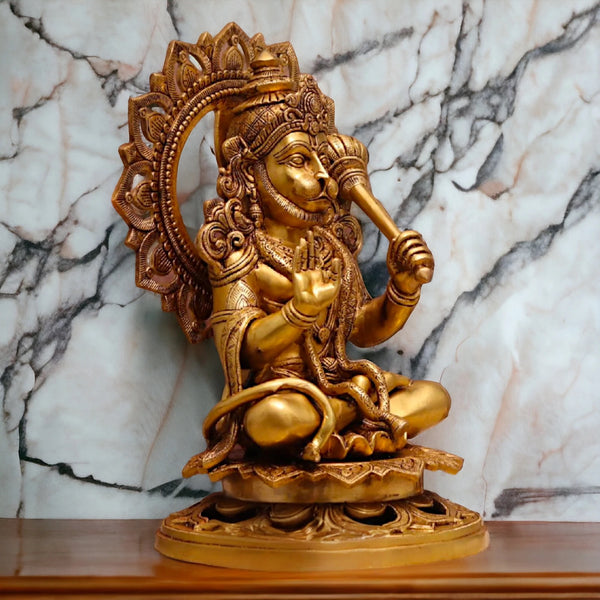 Brass Hanuman ji Sitting with Gada idol (Height: 18 Inches) Study Setting