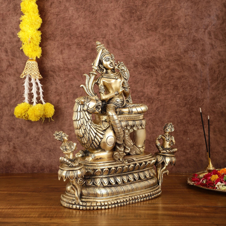 Brass Tara Devi Seated on a Lion Idol (Height 16 Inches) Craft Detail