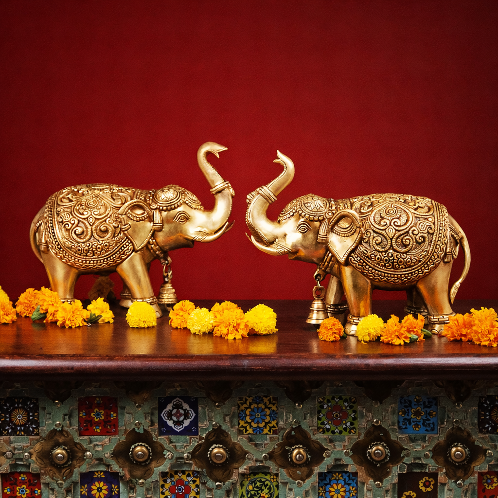 Brass Royal Elephants Beautiful Decor (Height: 9 Inches)