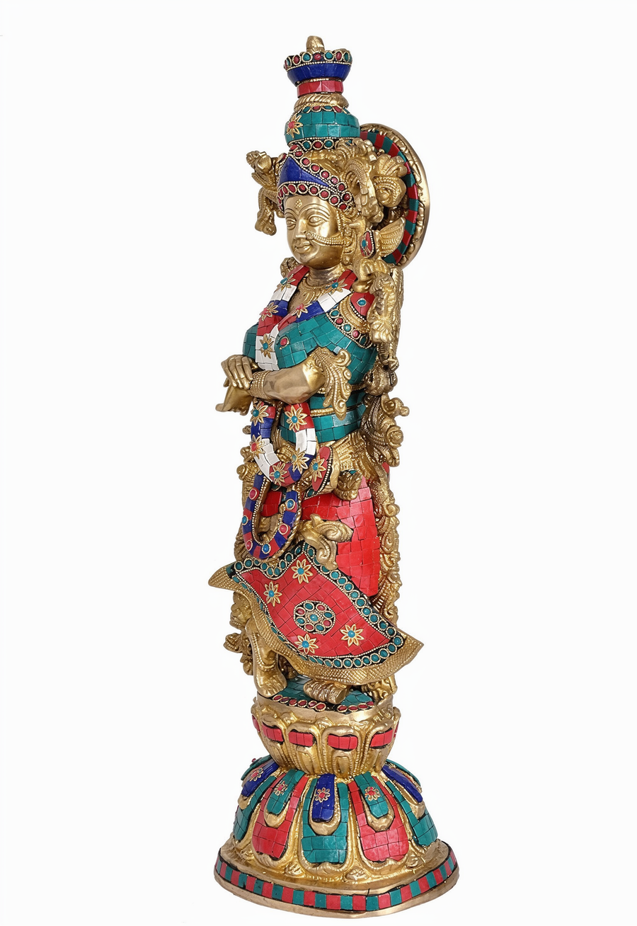 18" Brass Radha Rani Statue with Stonework | Handcrafted Divine Idol | Large Religious Home Decor Craft Detail