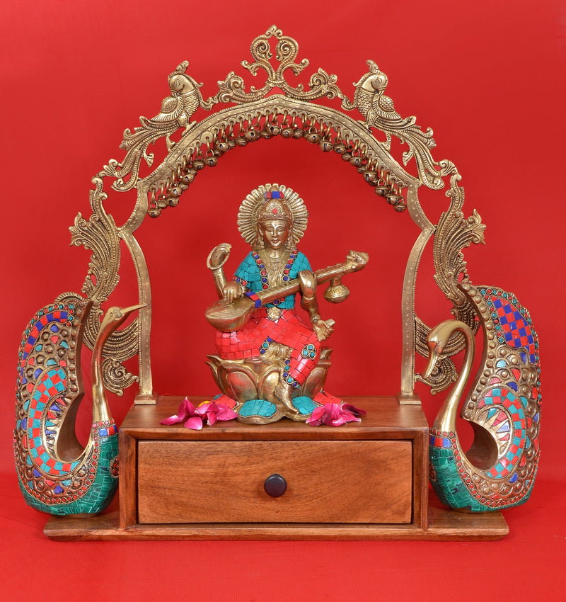 Brass Maa Saraswati Religious Statue with Stone Work (Height: 10 Inches)