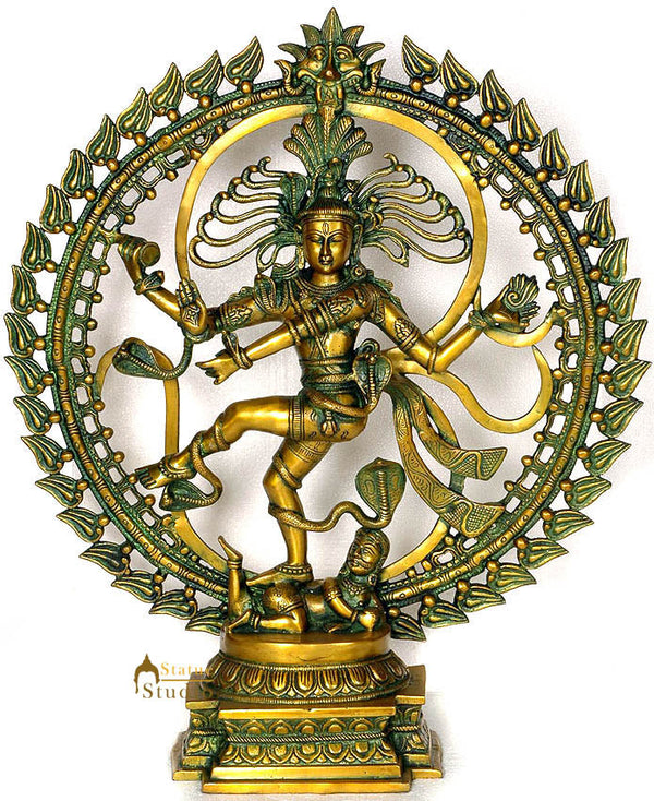 Brass Colossal Size Nataraja dancing against the backdrop of Om Sculpture (Height: 23 Inches) Mandir Setting