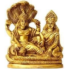 Brass Lord Vishnu with Lakshmi ji Statue, Height 4 Inches Mandir Setting