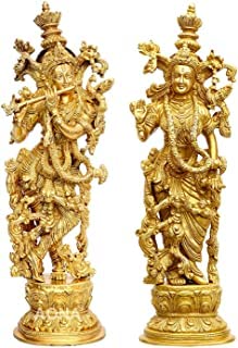 Brass Radha Krishna Figurine (Golden) (Height: 15 Inches) Study Setting