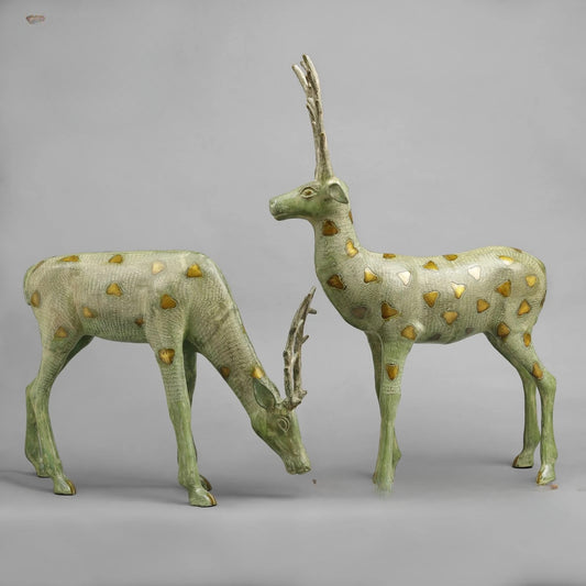 Brass Deer standing, Leaf Green Patina Sculpture (Height :27 Inches)
