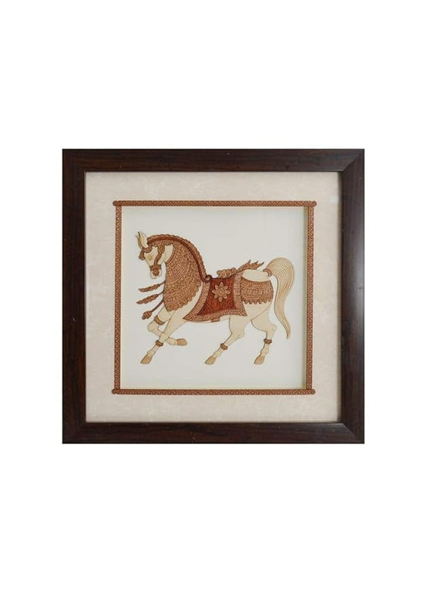 Wooden White Running Horse Frame Wall Decor (8 x 8 Inches) Mandir Setting
