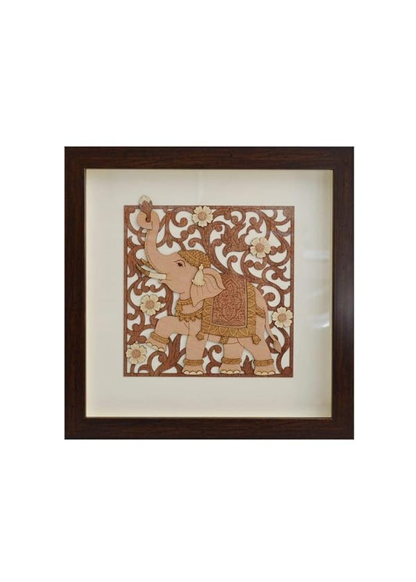 Wooden Art Work Walking Elephant With Flower Frame Wall Decor 8 x 8 Inch Mandir Setting