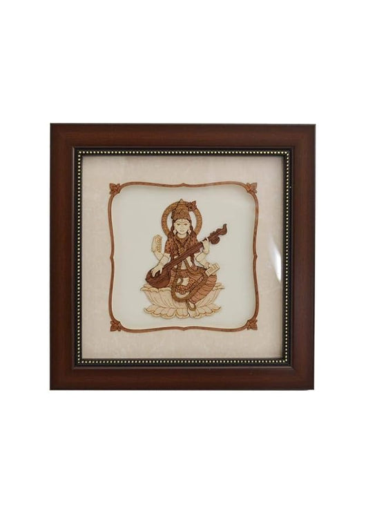 Wooden Art Saraswati Maa Frame Idol Wall Decor (Height: 8 Inches)
