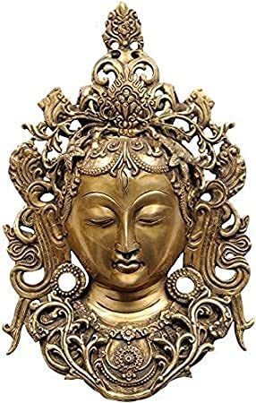 Brass Tibetan Buddhist Wall Hanging Tara Mask Height 12.5 Inches Entryway Setting