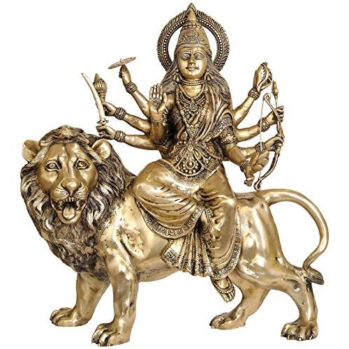 Brass Maa Durga On Lion Statue (Height: 28 Inches)
