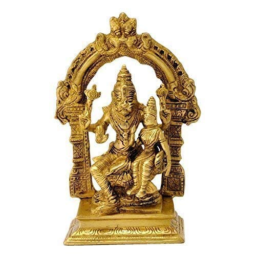 Lord Narasimha with Maa Lakshmi Idol Sculpture - (Brass, Height 7.75") Mandir Setting