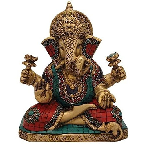 Brass Dagdu Ganesha Twisted Trunk Statue (Height 12 Inches)