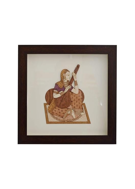 Wooden Art Work Indian Women With Sitar Frame Wall Decor 8 x 8 Inch Mandir Setting