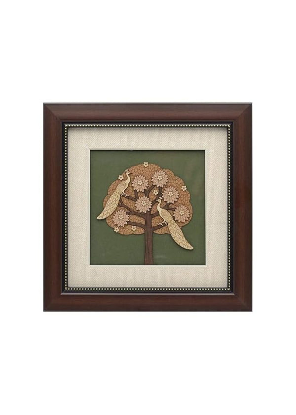 Wooden Art Work 2 Peacock Sitting On Tree Frame Wall Decor 8 x 8 Inch Entryway Setting