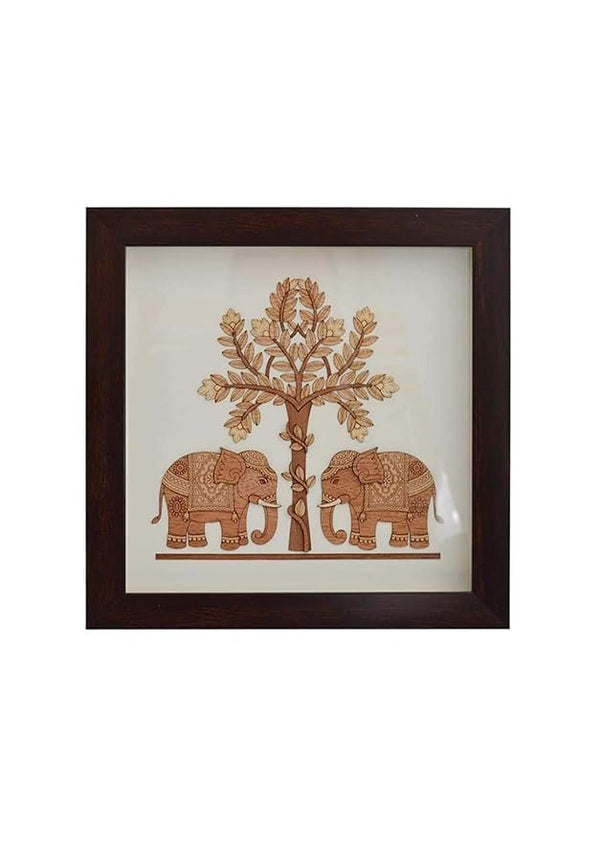 Wooden Art Work 2 Elephant With Tree Frame Wall Decor 8 x 8 Inch Entryway Setting