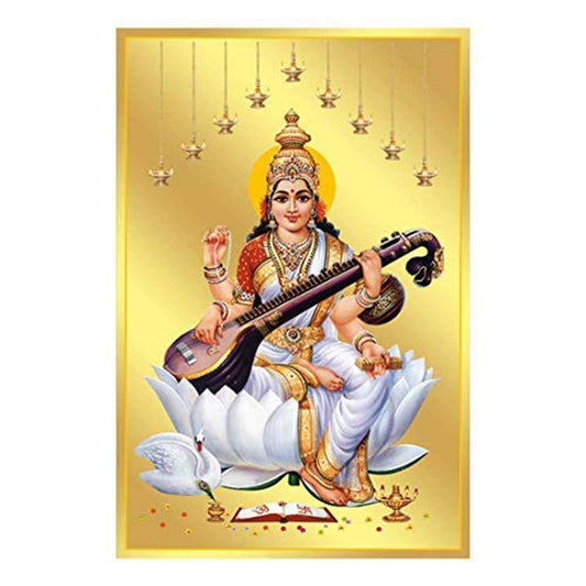 Maa Saraswati Poster Gold Foil (Length 18 Inch X Width 12 Inch)