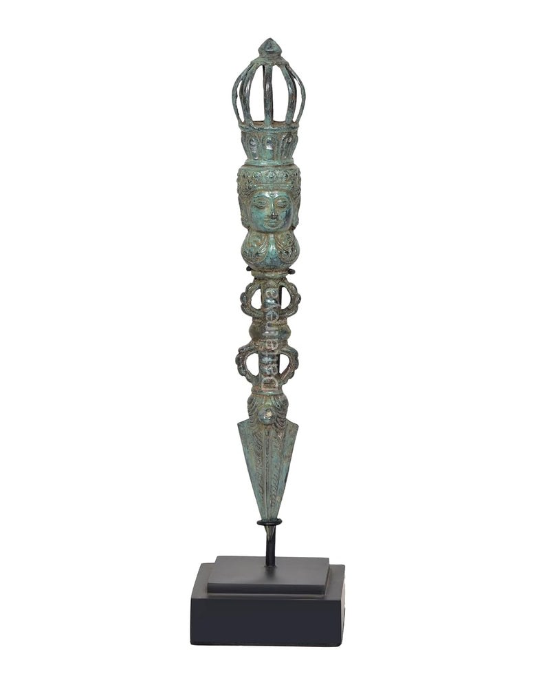 Vintage Indonesian Bronze Phurpa Ritual Dagger Tibetan Buddhist with wooden base (Height 14 Inch)