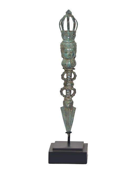 Vintage Indonesian Bronze Phurpa Ritual Dagger Tibetan Buddhist with wooden base (Height 14 Inch)