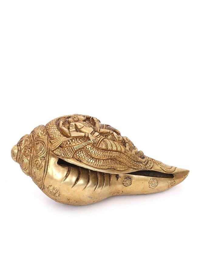 Brass Shankh engraved Vishnu Laxmi (Height: 3inches)