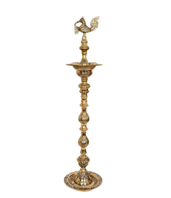 Brass Oil Lamp Diya Stand with Peacock Design - Handcrafted Indian Decor for Home and Pooja (Height 39 Inch) Study Setting