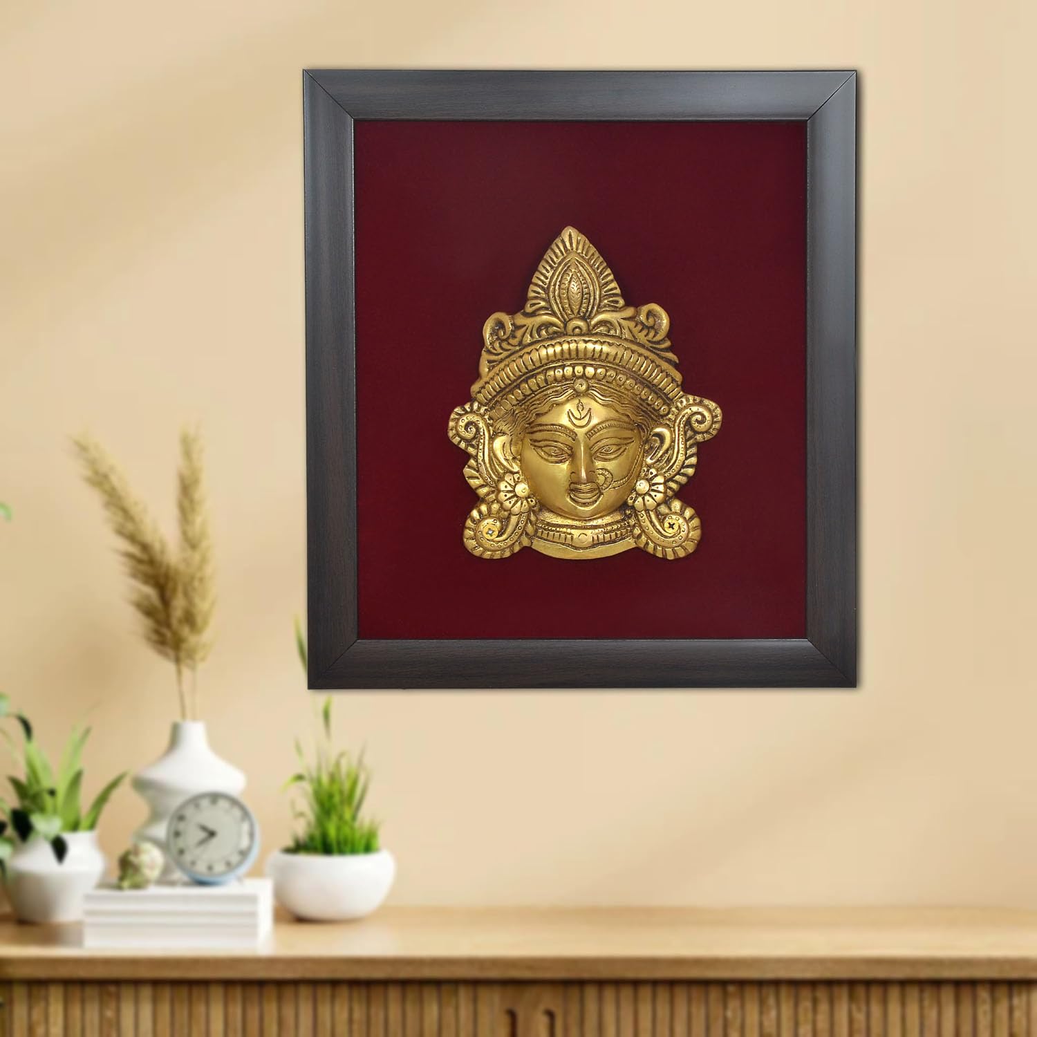AONA Brass Maa Durga Face Mask Idol with Frame Wall Hanging