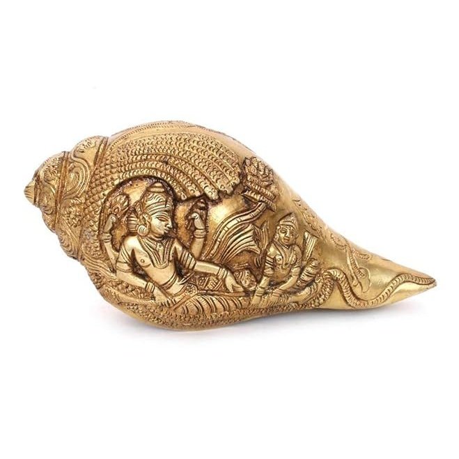 Brass Shankh engraved Vishnu Laxmi (Height: 3inches)