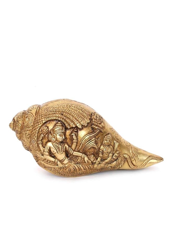 Brass Shankh engraved Vishnu Laxmi (Height: 3inches)