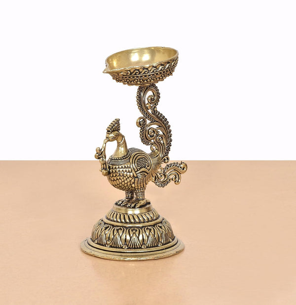 Superfine Brass Oil Lamp On Peacock | Diya Stand Statue (Height: 3 Inches) Study Setting