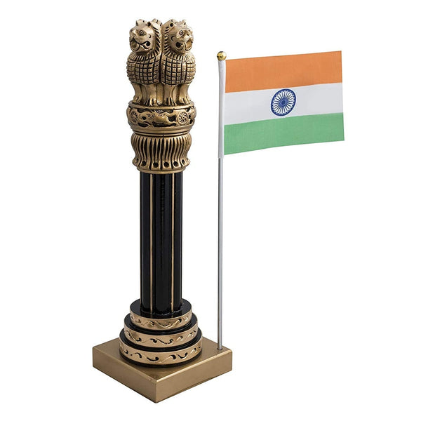 Wooden Ashoka Stambh Emblem with India Flag for Office Desk Study Setting