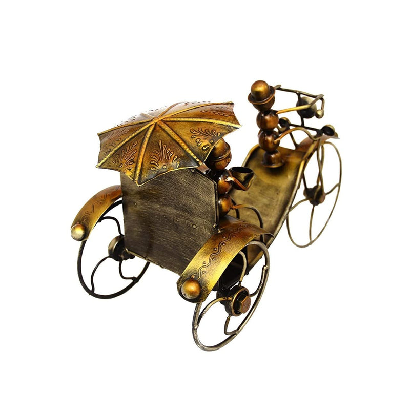 Ant Bicycle Iron Figurine Hand Pulling Rickshaw Showpiece Multicolour (Height 11 Inches)