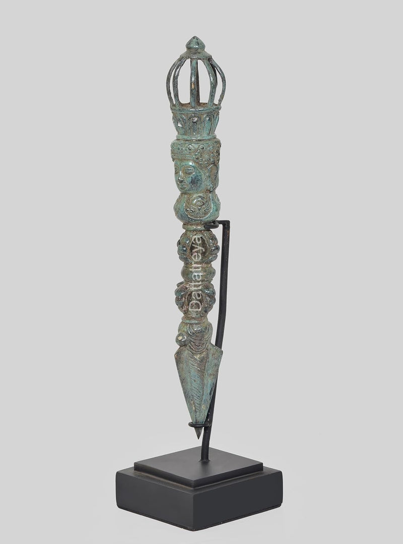 Vintage Indonesian Bronze Phurpa Ritual Dagger Tibetan Buddhist with wooden base (Height 14 Inch)