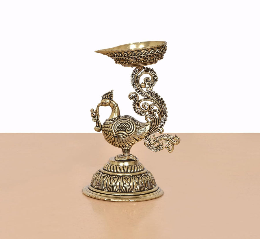Superfine Brass Oil Lamp On Peacock | Diya Stand Statue (Height: 3 Inches) Craft Detail