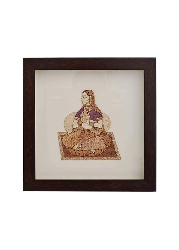 Wooden Art Work Sitting Lady With Music Instrument Frame Wall Decor 8 x 8 Inch Mandir Setting