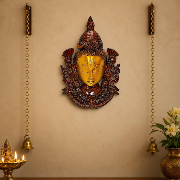 Brass Shiva Head Wall Hanging Mask, Multicolor, Religious Theme (Height:11 Inches) Mandir Setting