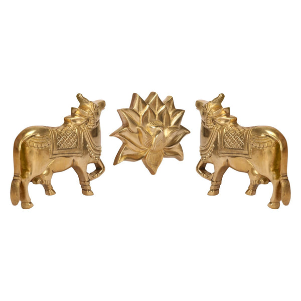 Brass Lotus with Kamdhenu Cow Pair Wall Decor (Height: 4 inch) Study Setting